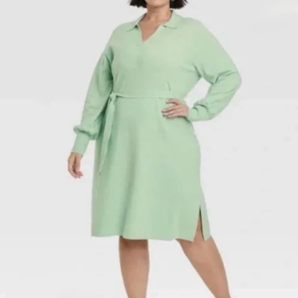 Collard Sweater Dress with Belt, Balloon Sleeves, Soft Green 4X